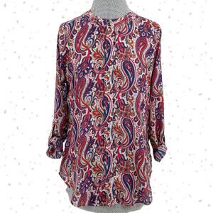 Liz Claiborne Paisley Floral Jewel Tone Blouse Fall Print Roll Up Sleeves Size S